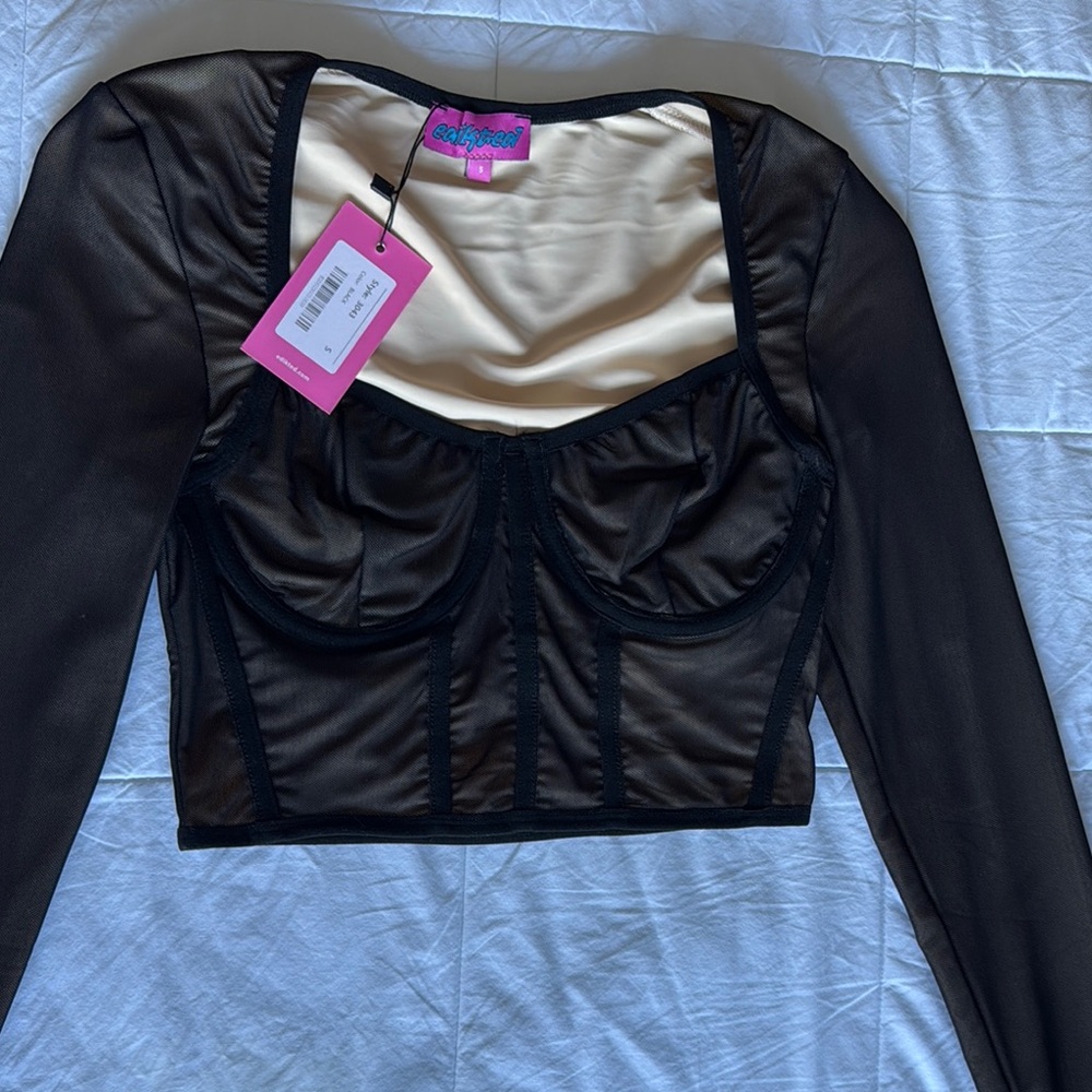 Chic Black Mesh Long Sleeve Top